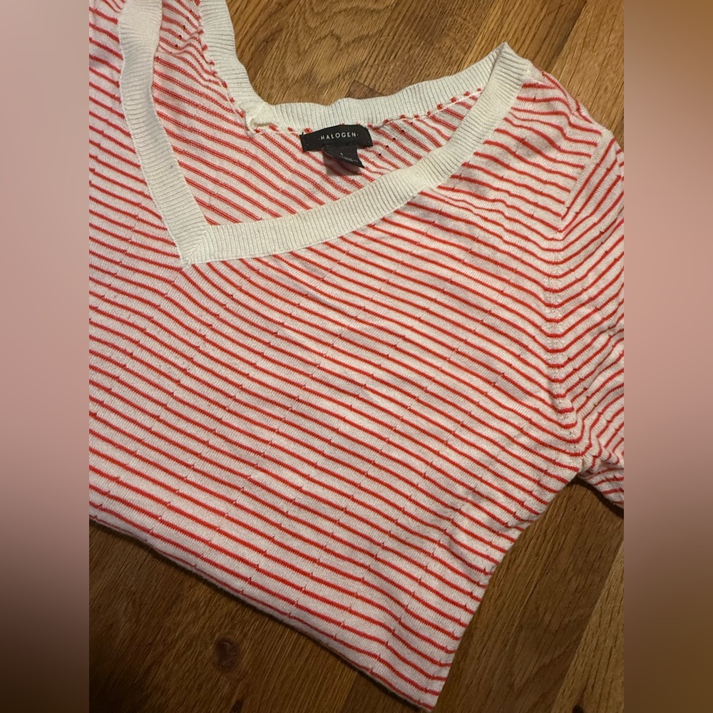 Halogen Red and White Striped V-Neck Tee